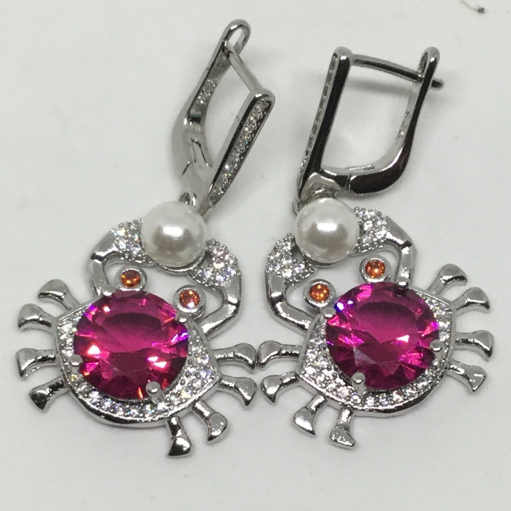 Raspberry Tourmaline Silver Crab/Cancer Earrings